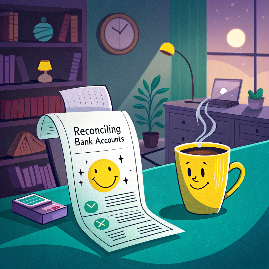 Cartoon image of a bank reconciliation statement alongside a smiling coffee mug in a cozy home office setting at night