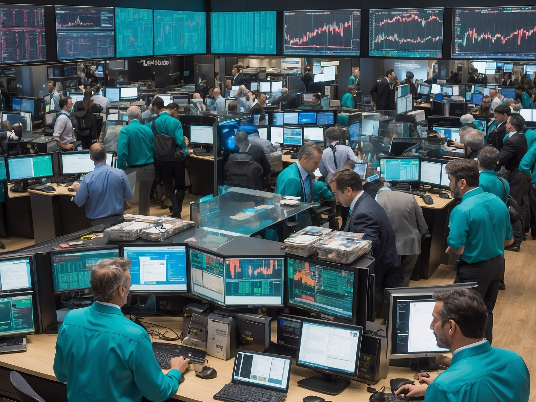 Busy stock trading floor with numerous traders and screens displaying financial data