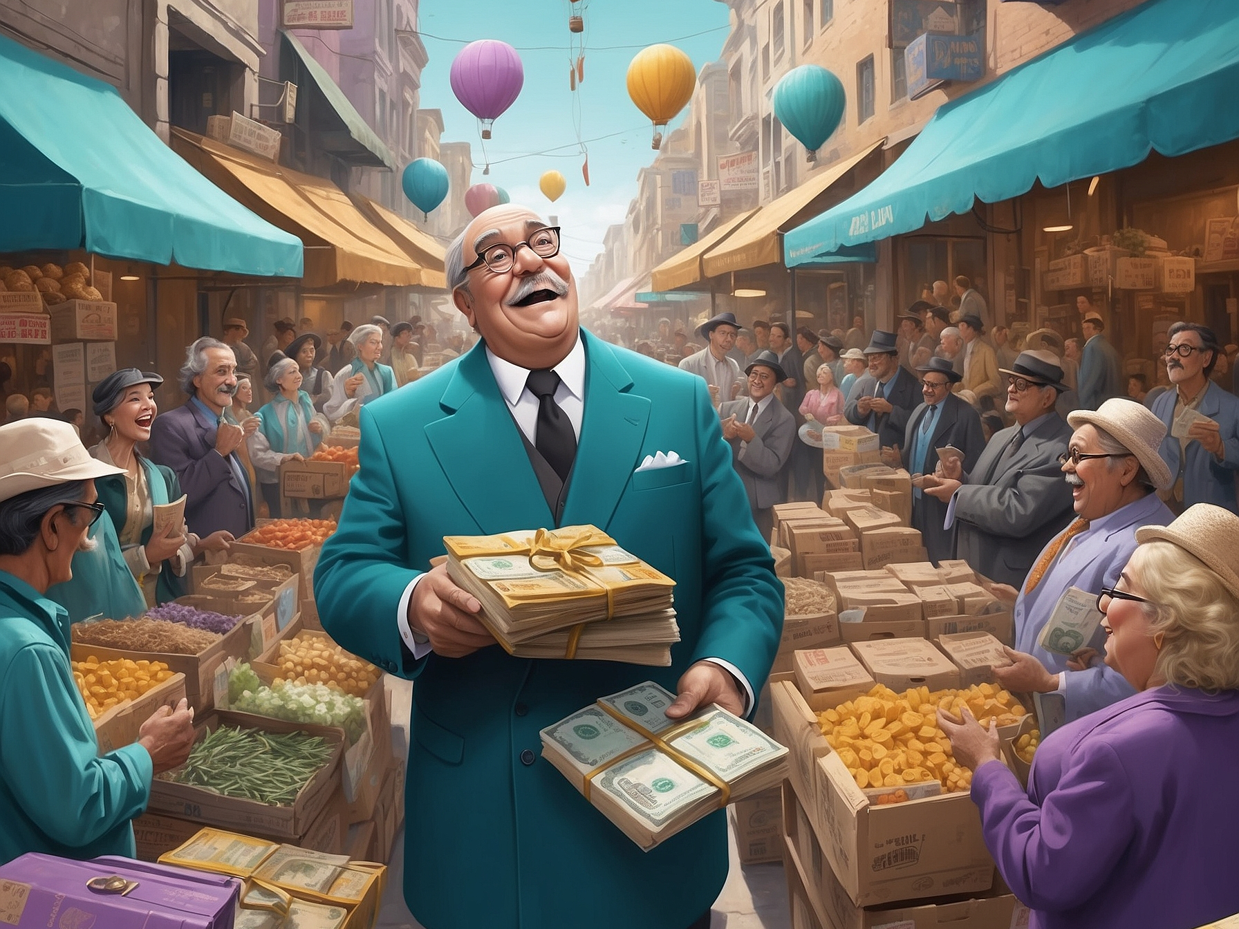 Cheerful man in a teal suit enjoying a bustling market scene, distributing money against a backdrop of lively street vendors and floating balloons