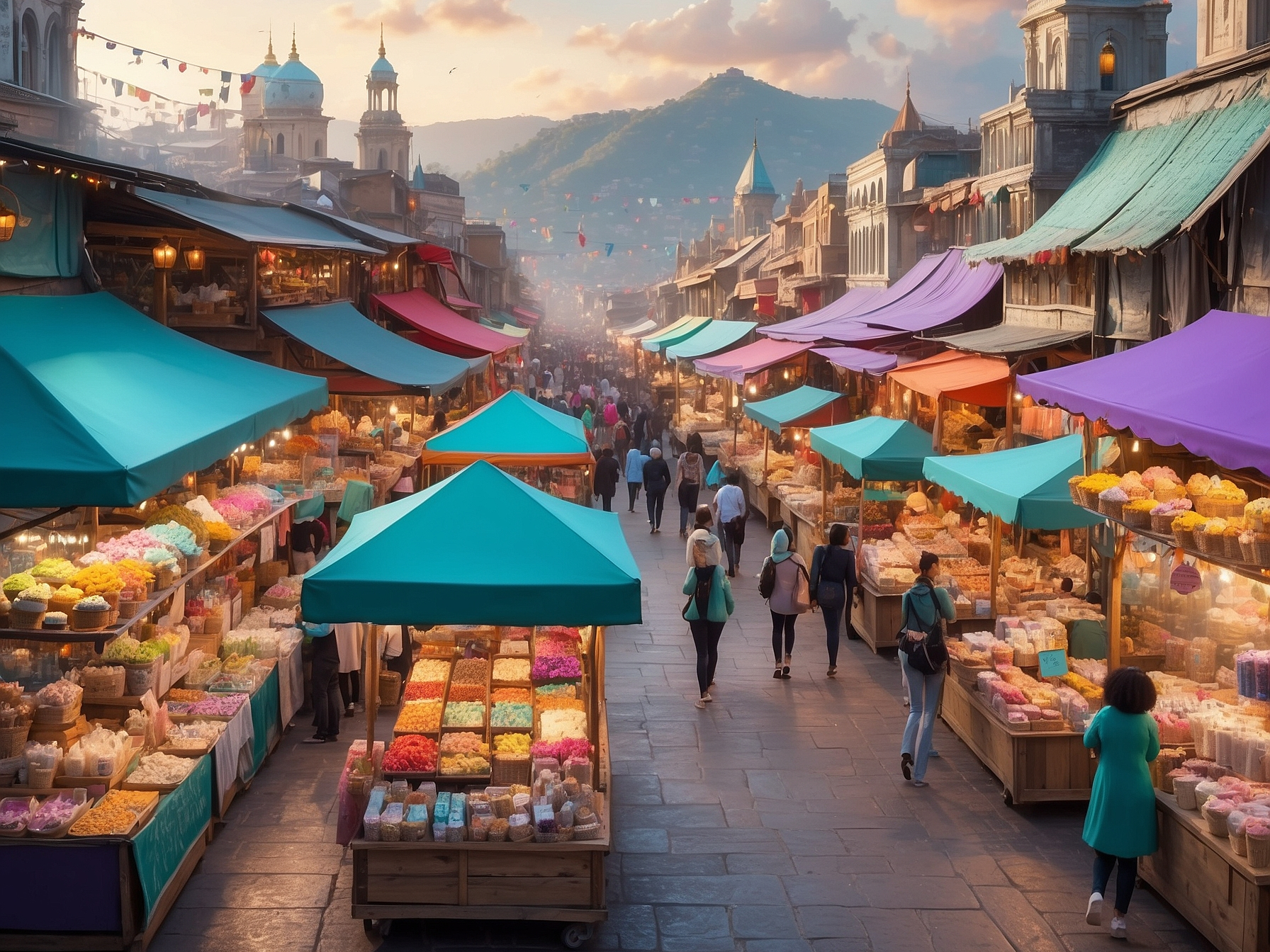 Vibrant market scene illustrating a free enterprise economy with diverse stalls and bustling crowd