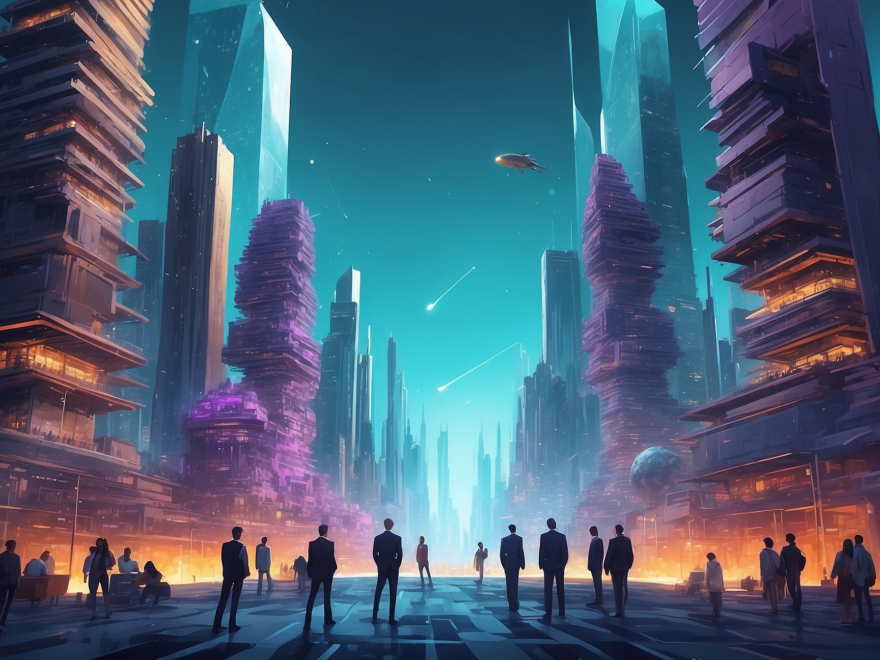 Futuristic cityscape with groups of entrepreneurs silhouetted against neon-lit skyscrapers and flying vehicles