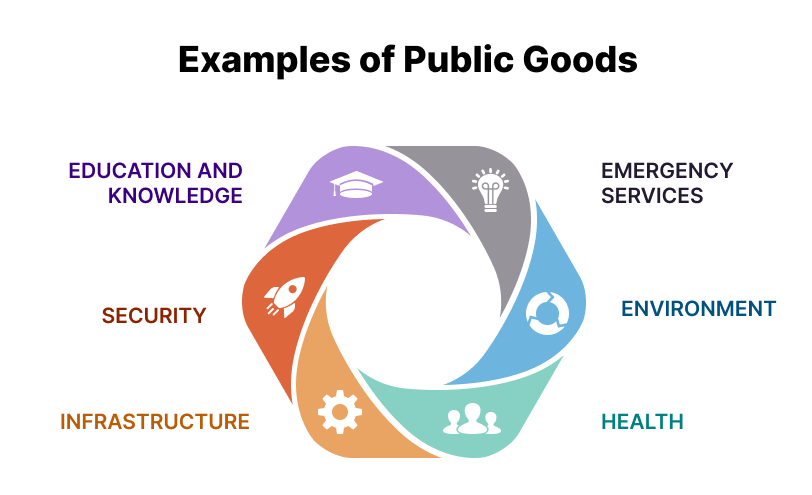 Colorful infographic displaying categories of public goods: Education and Knowledge, Emergency Services, Environment, Health, Infrastructure, Security.