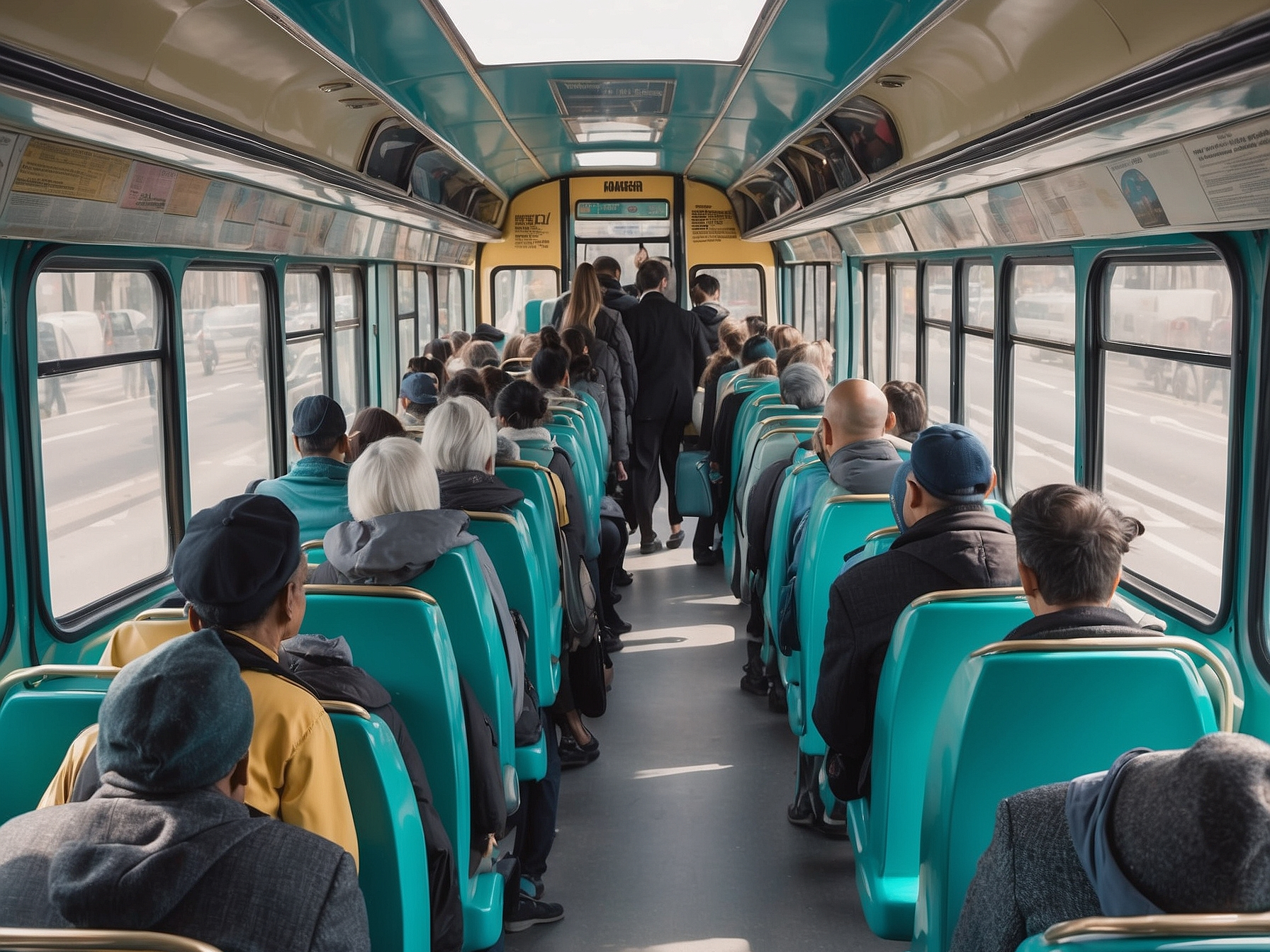 Busy bus interior view with various passengers symbolizing the free rider problem in public goods utilization