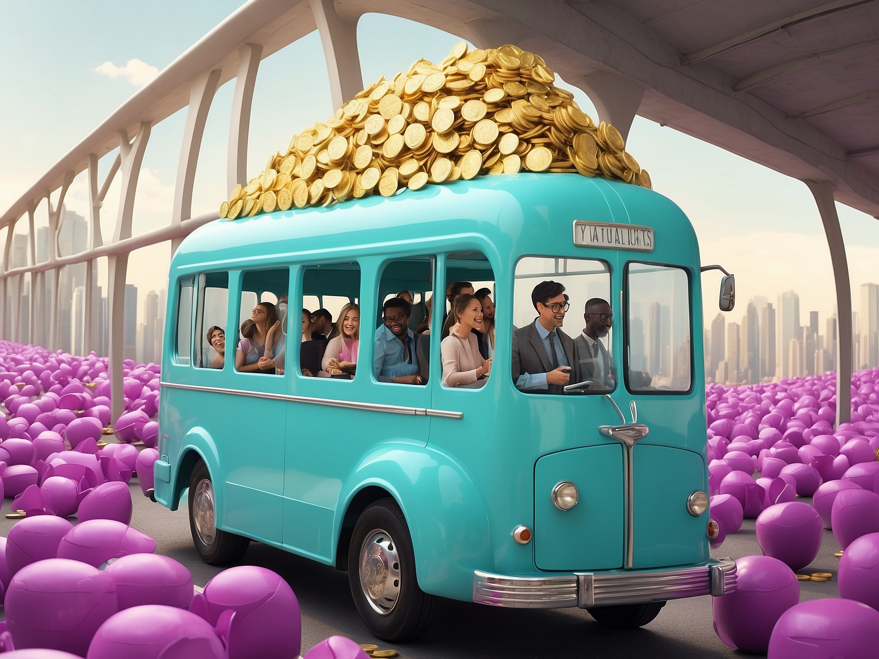 Illustration of a blue bus overloaded with gold coins driving on a freeway surrounded by purple balls, symbolizing public funding and resources