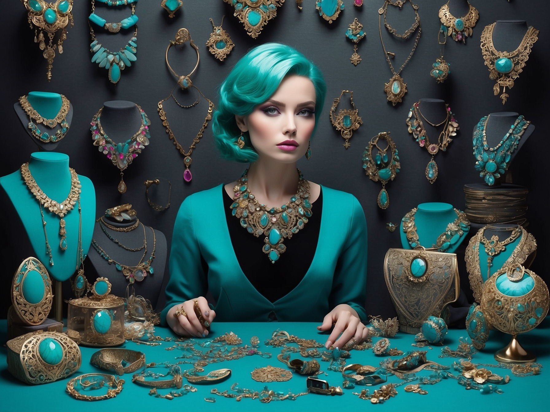 Elegant woman surrounded by an array of vintage jewelry, symbolizing wealth and control in a planned economy