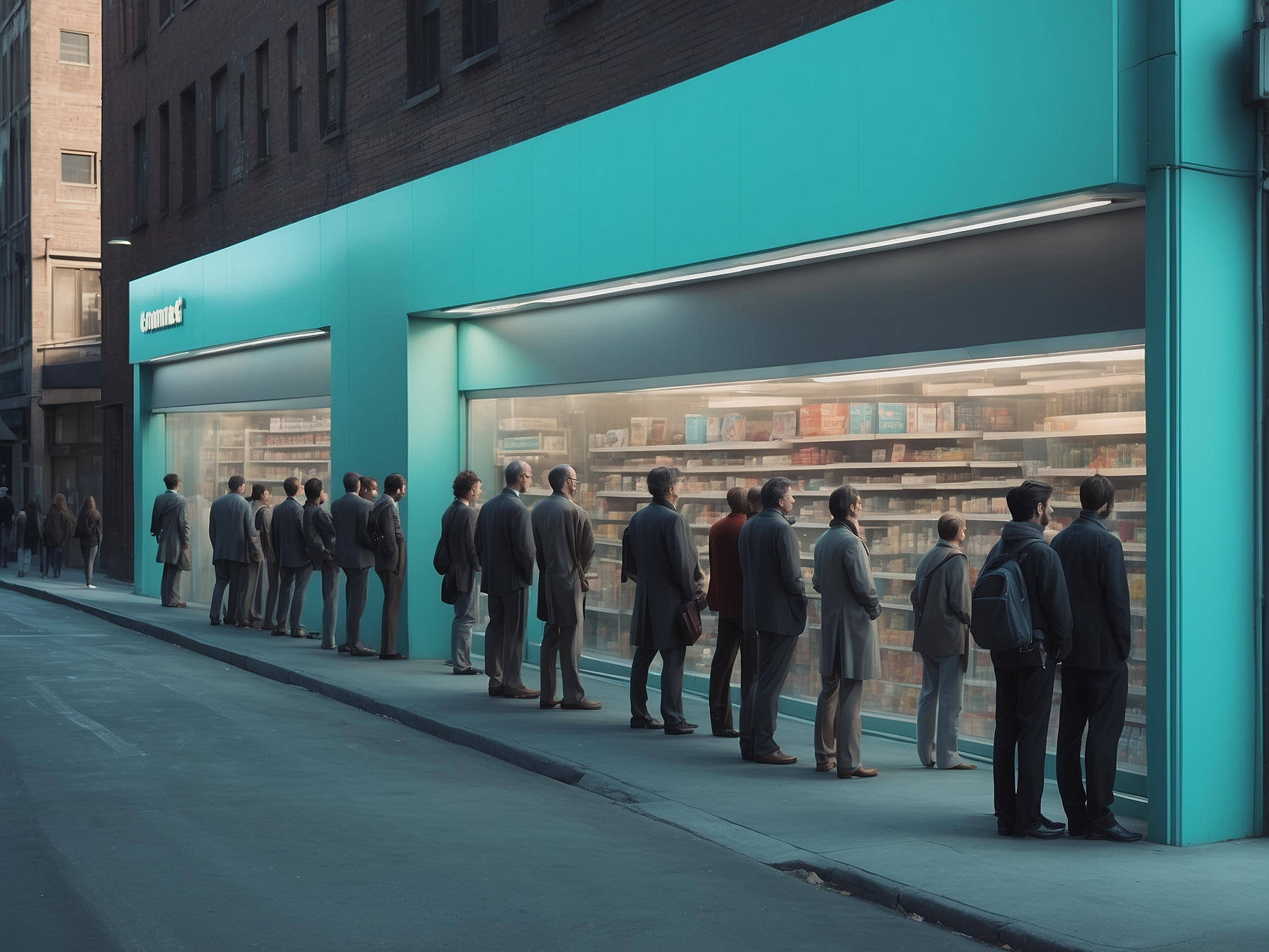 People in business attire lined up in front of a modern store with empty shelves visible through a large glass window against a backdrop of a vibrant city