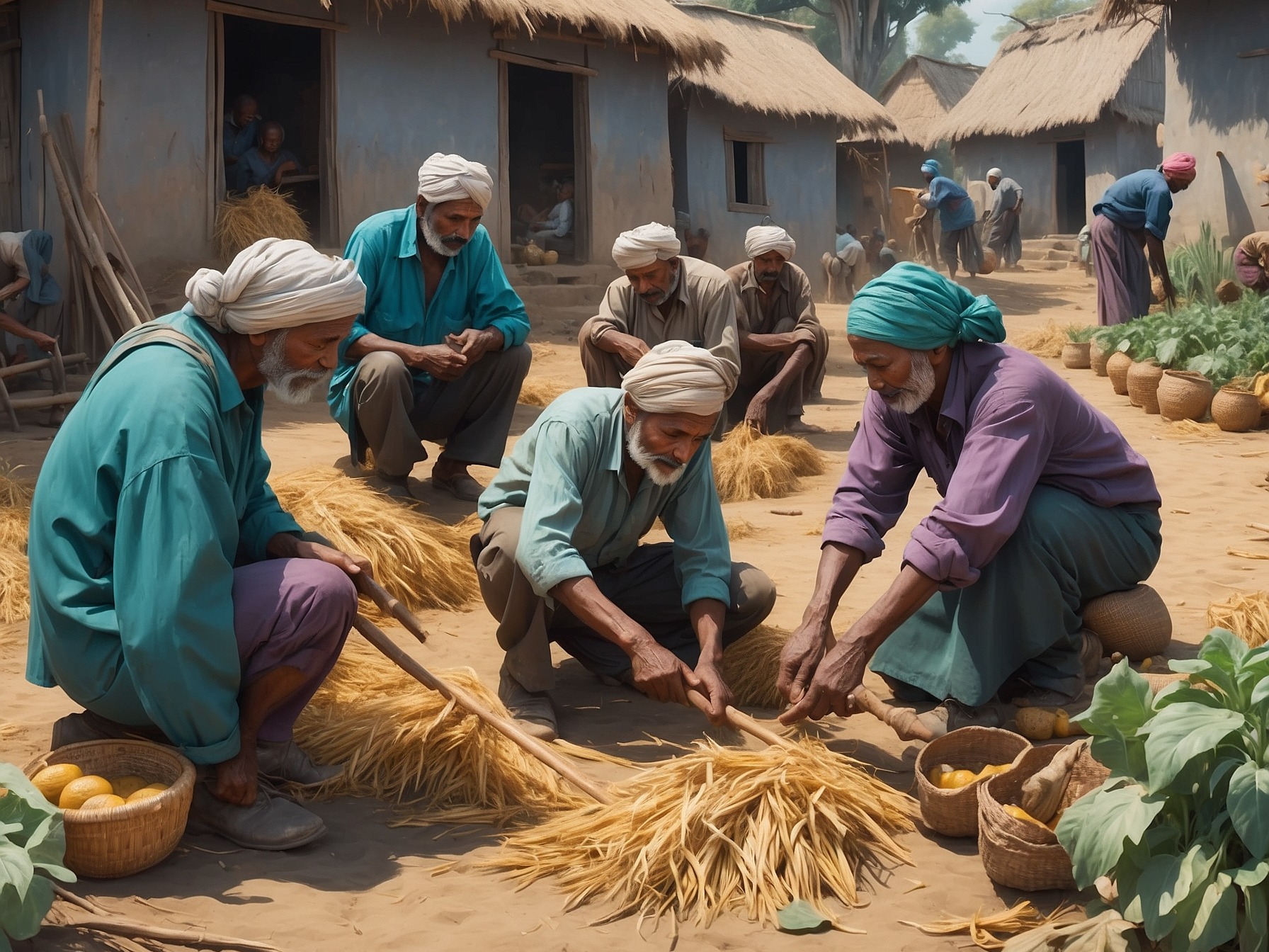 Village elders in traditional dress engaging in communal farming tasks outside rustic huts