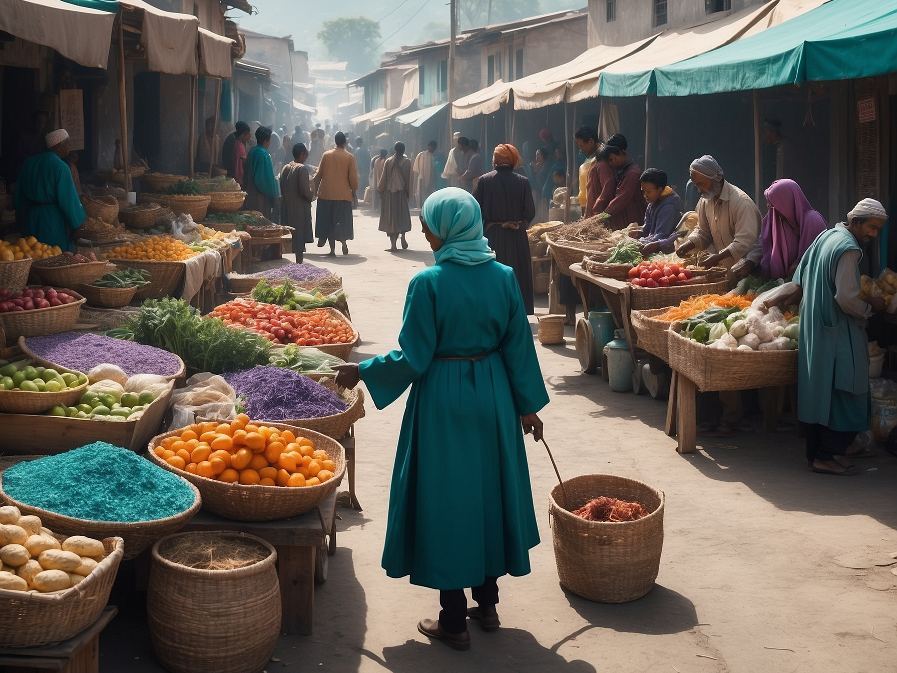 A bustling traditional market scene with people trading goods like fruits, vegetables, and spices, underscored by a mountainous backdrop