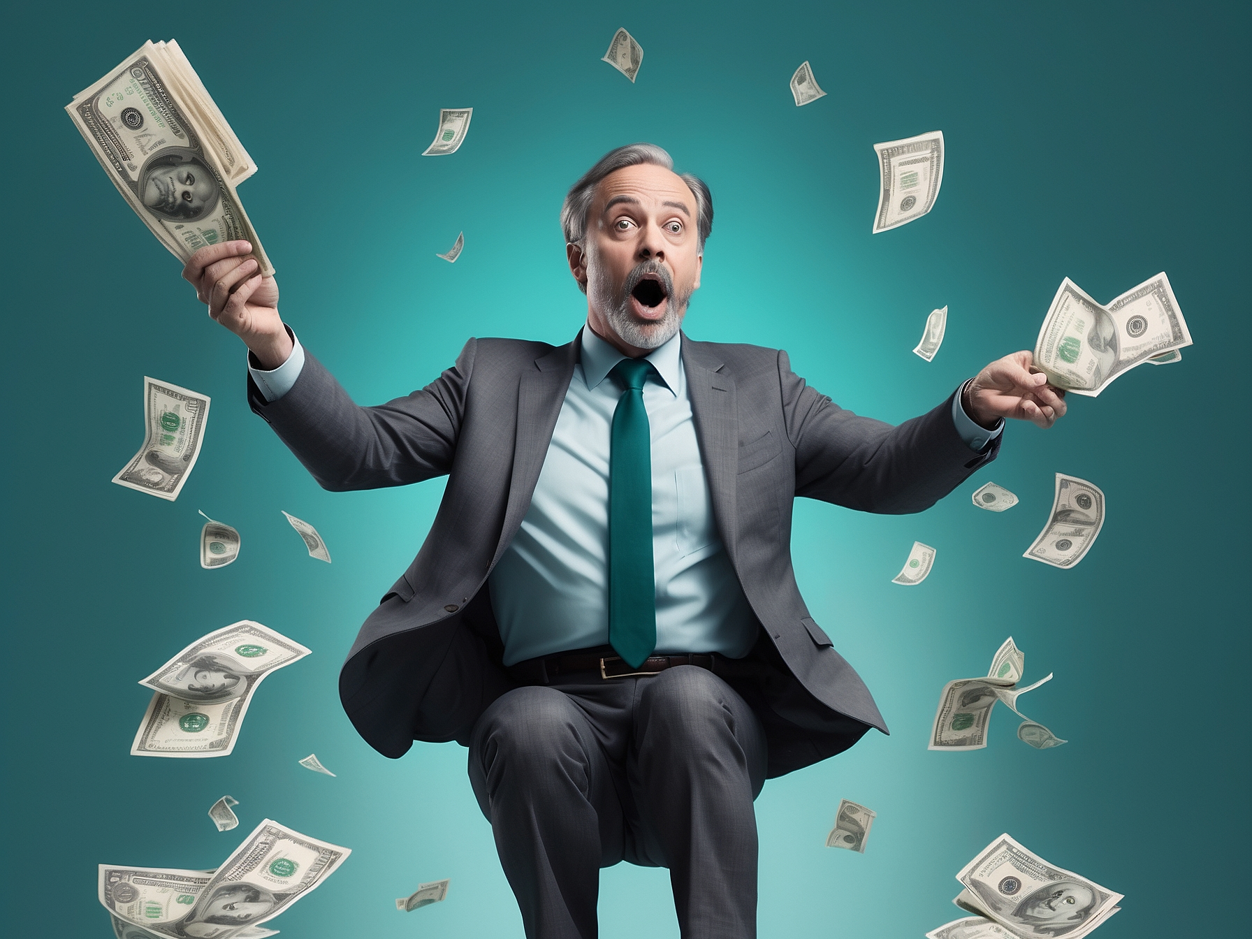 Businessman ecstatically juggling money while sitting on a briefcase against a teal background