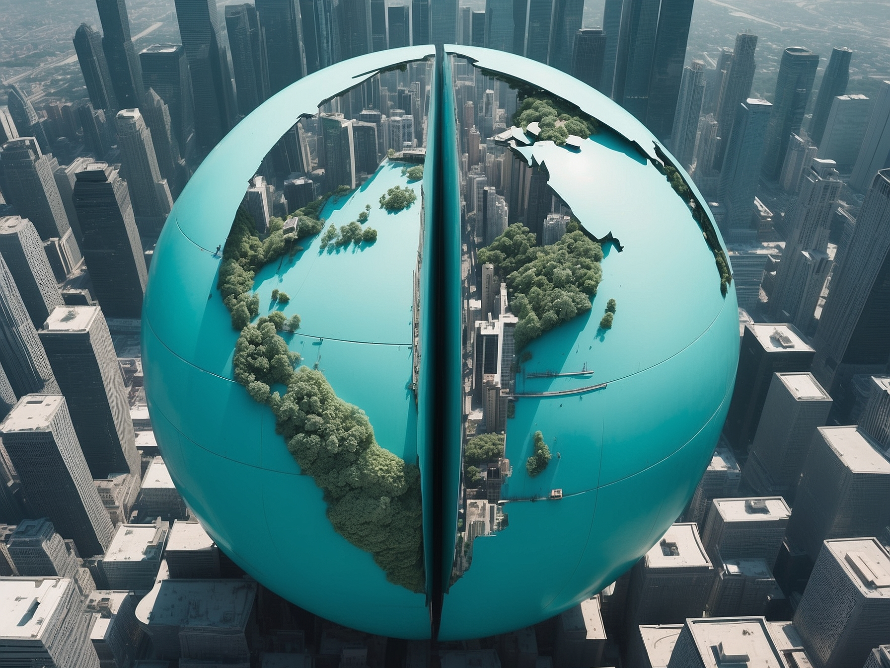 A striking illustration of a globe split into two halves displaying urban and green landscapes, symbolizing a mixed economy