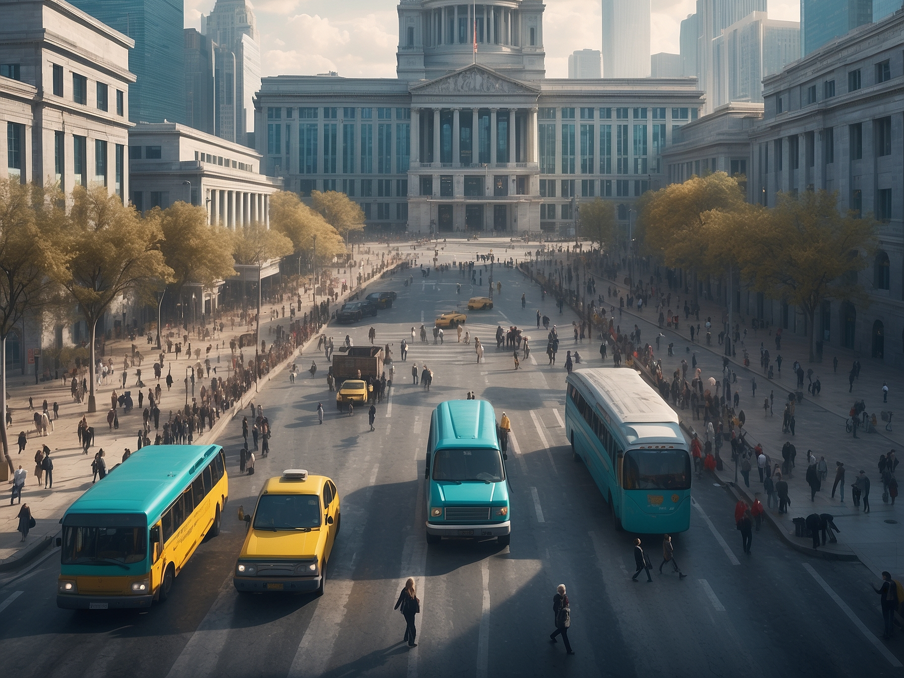 Bus-laden city square in front of a grand government building, symbolizing centralized control in a command economy