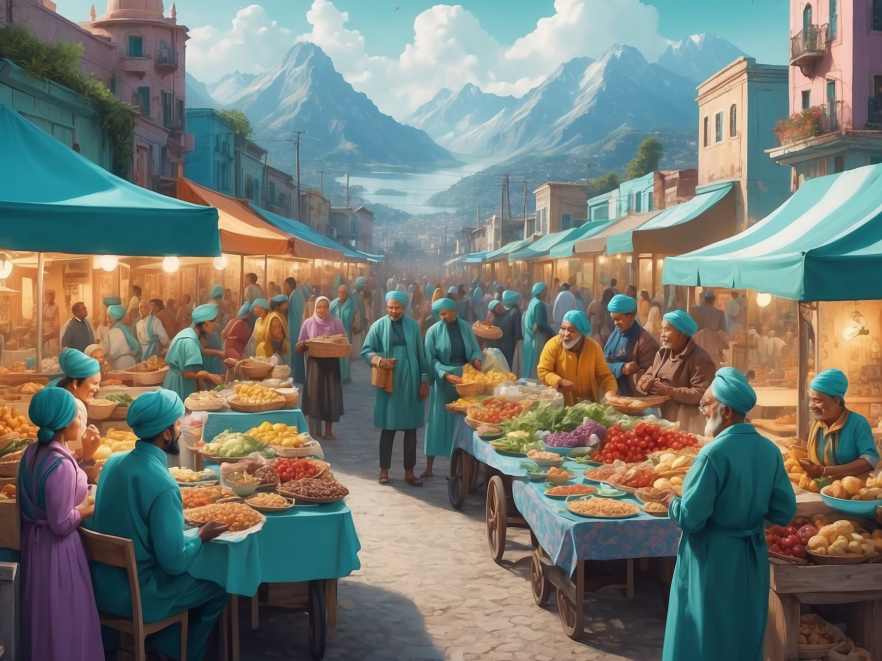 Illustration of a bustling marketplace in a command economy with vendors and citizens engaging under a bright sky, mountains in the background