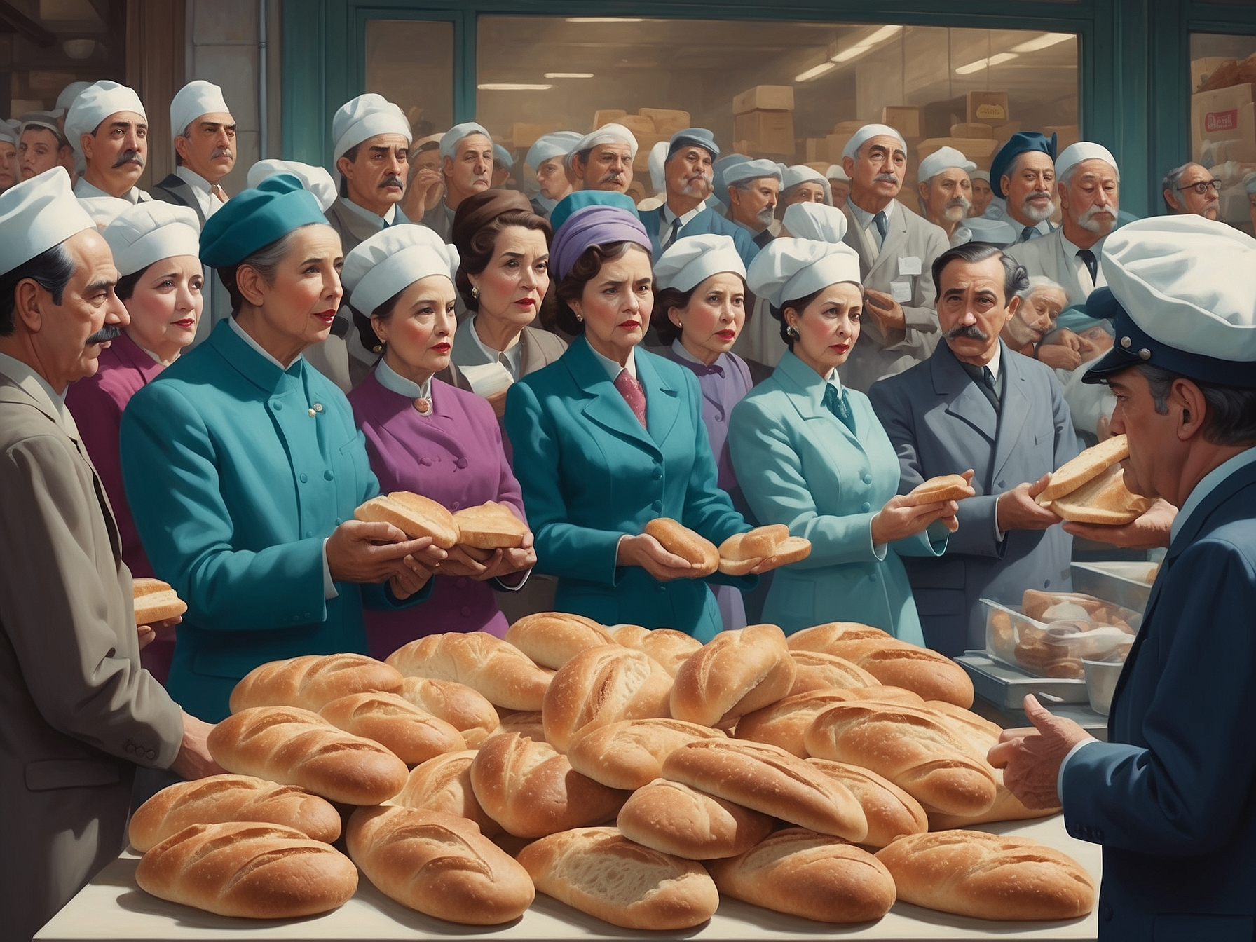 Illustration of people in uniform holding bread loafs and queuing at a store, symbolizing the limitations of a command economy