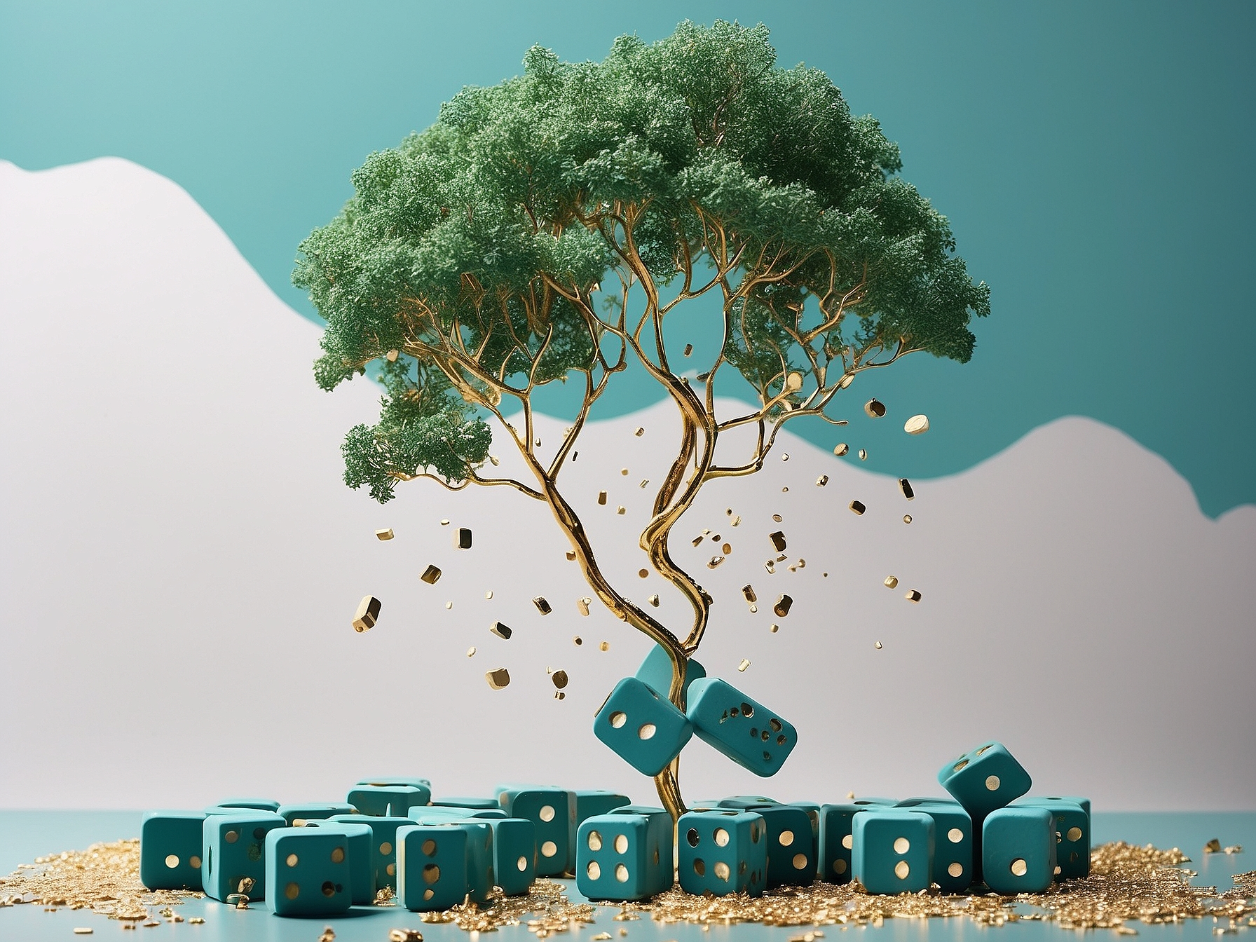 A surreal image of a tree with a gold trunk growing out of dice, with golden coins and dice fragments floating around, set against a teal and white background