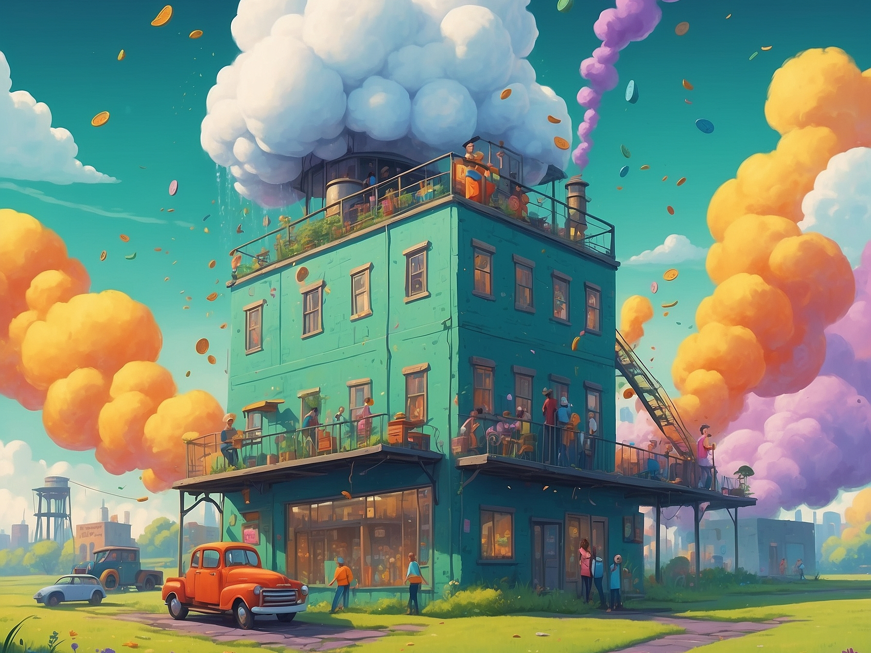 Illustration of a colorful building with large smoke clouds and coins falling from the sky, depicting negative externalities in economics