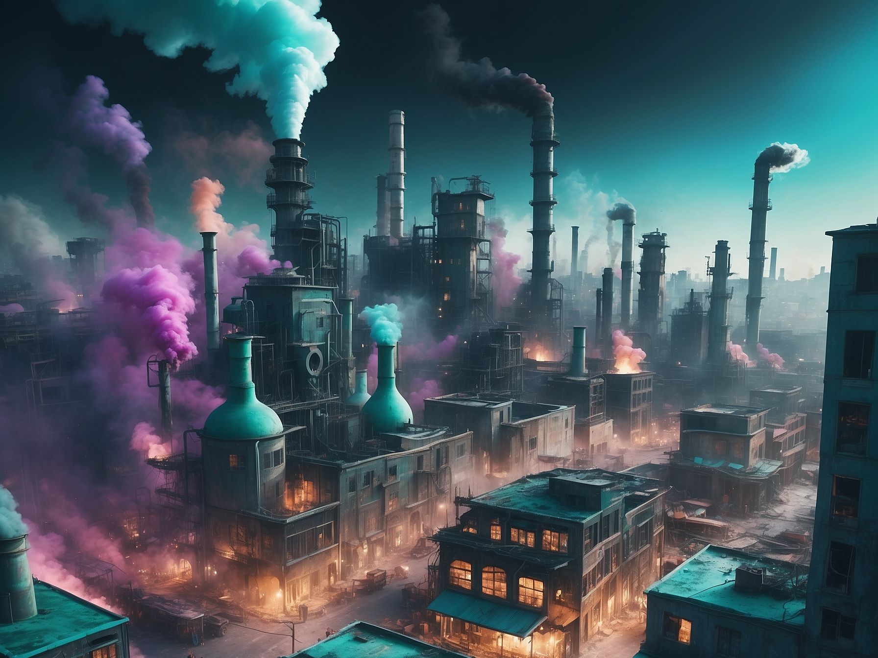 Industrial landscape with colorful smoke emissions from numerous factory chimneys, symbolizing negative externalities