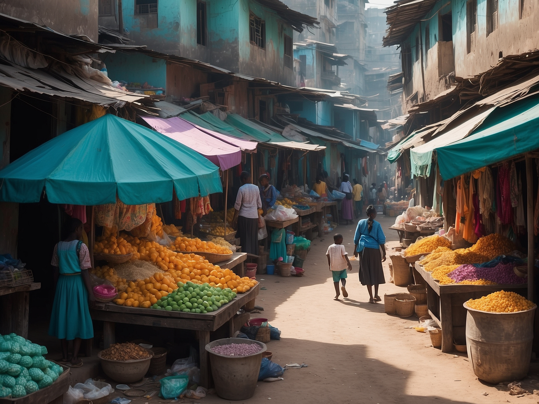 Bustling market street in a developing country showcasing crowded stalls with colorful fruits and vegetables under makeshift shelters