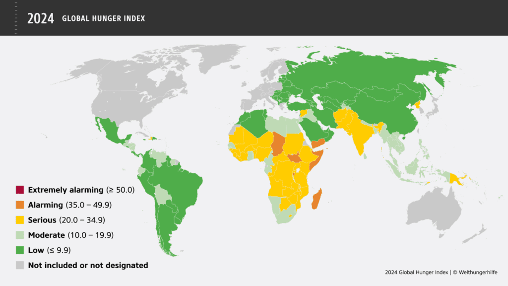 2024 Global Hunger Index map showing varying levels of hunger across different countries