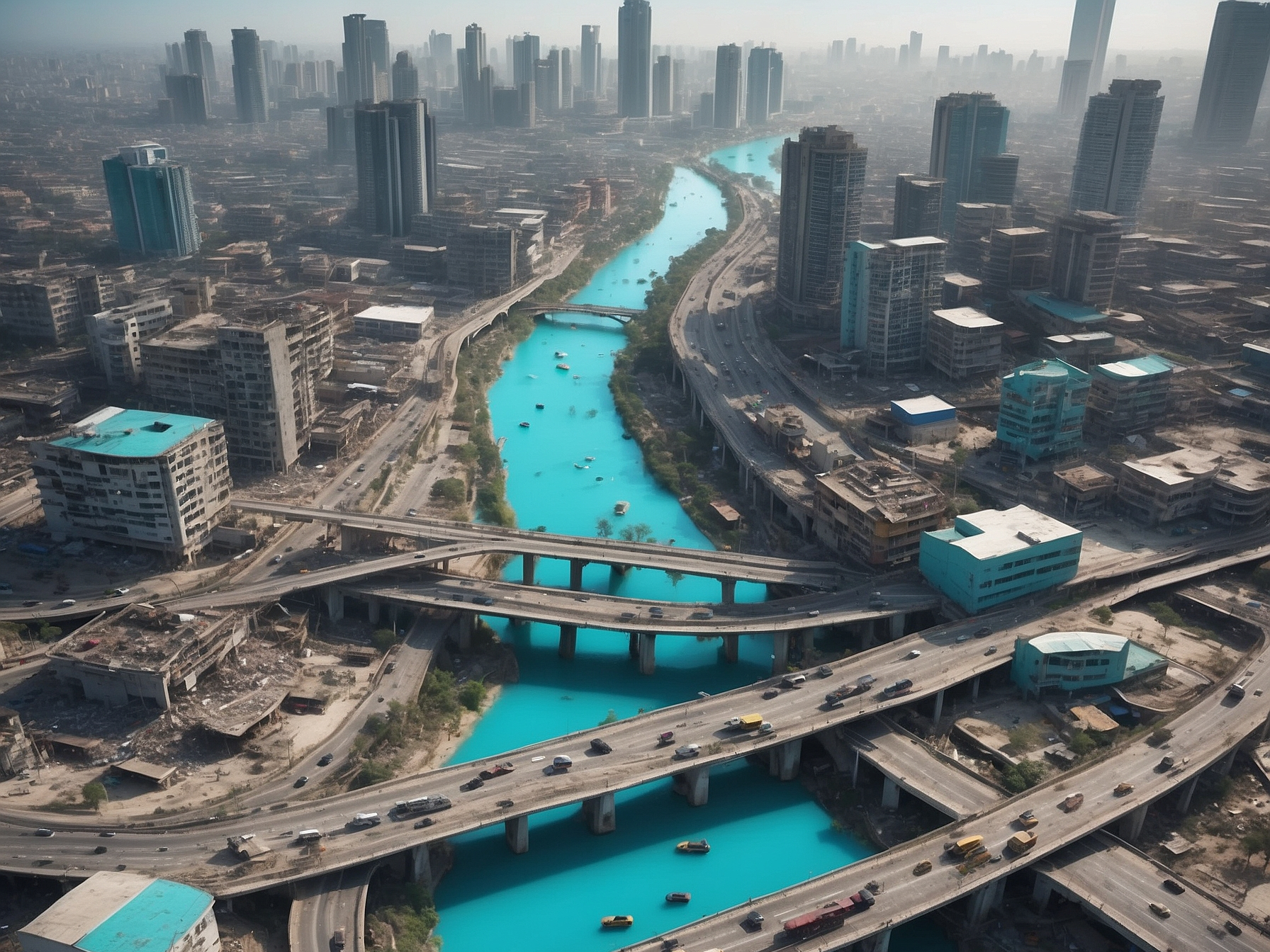 Aerial view of a city with contrasting developed and underdeveloped areas separated by a bright blue river