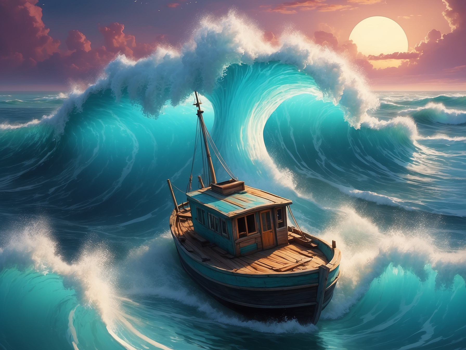 Illustration of a small boat facing massive waves in the ocean under a sunset, symbolizing the challenges of developing countries