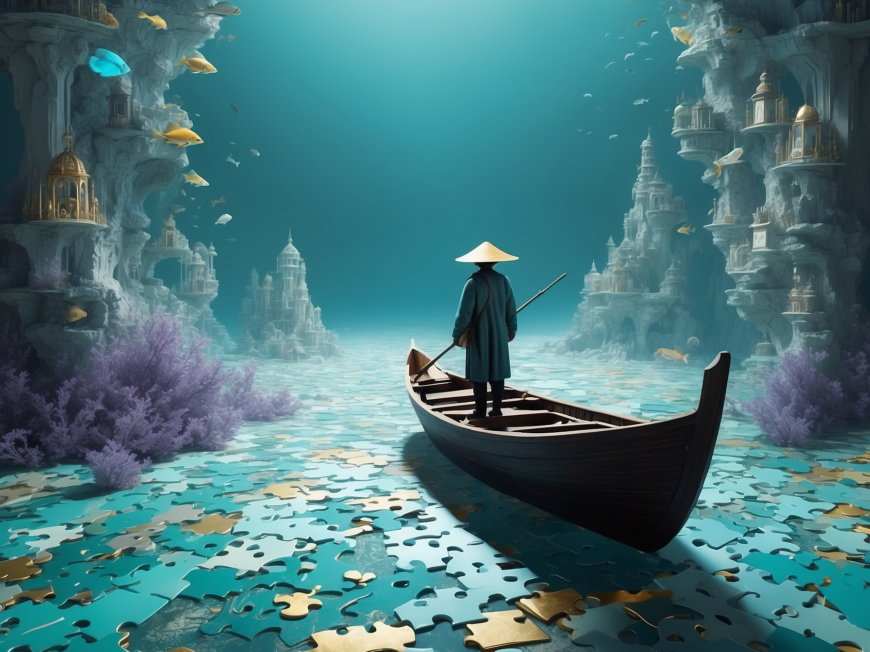 A surreal image of a person in a traditional hat rowing a boat through a waterway made of jigsaw puzzle pieces, surrounded by fantastical cliff structures with buildings and fish