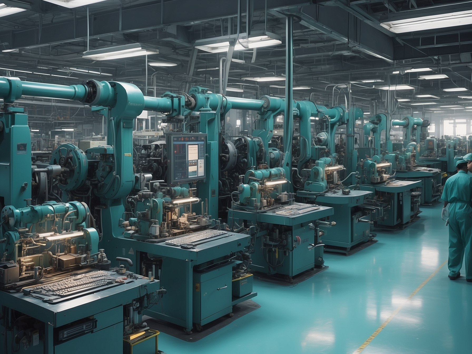 A worker in a teal industrial facility overseeing machinery as part of consistent operations in a command economy