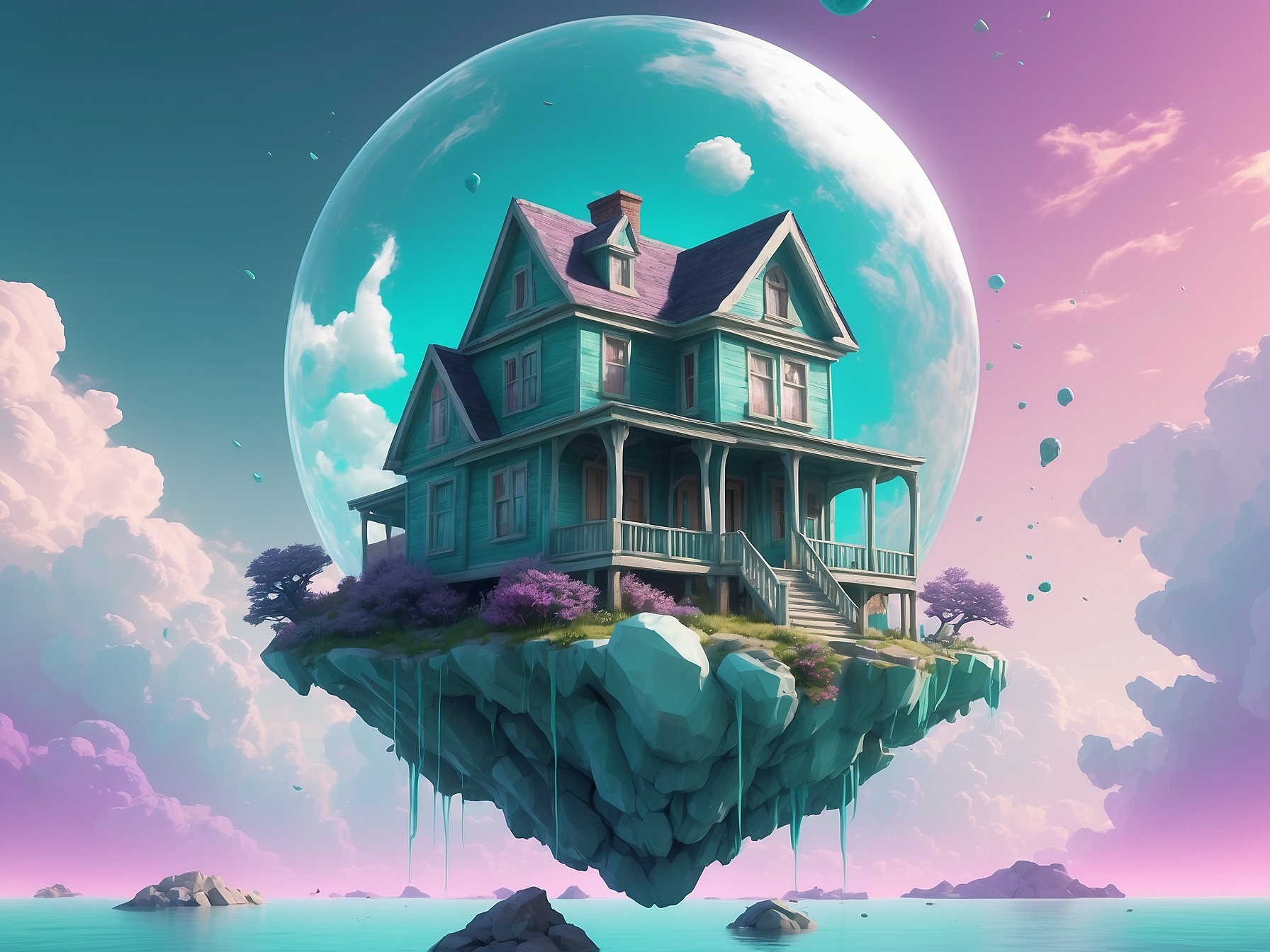 Surreal floating house above a serene water body, under a giant moon, representing monopoly power in a whimsical setting