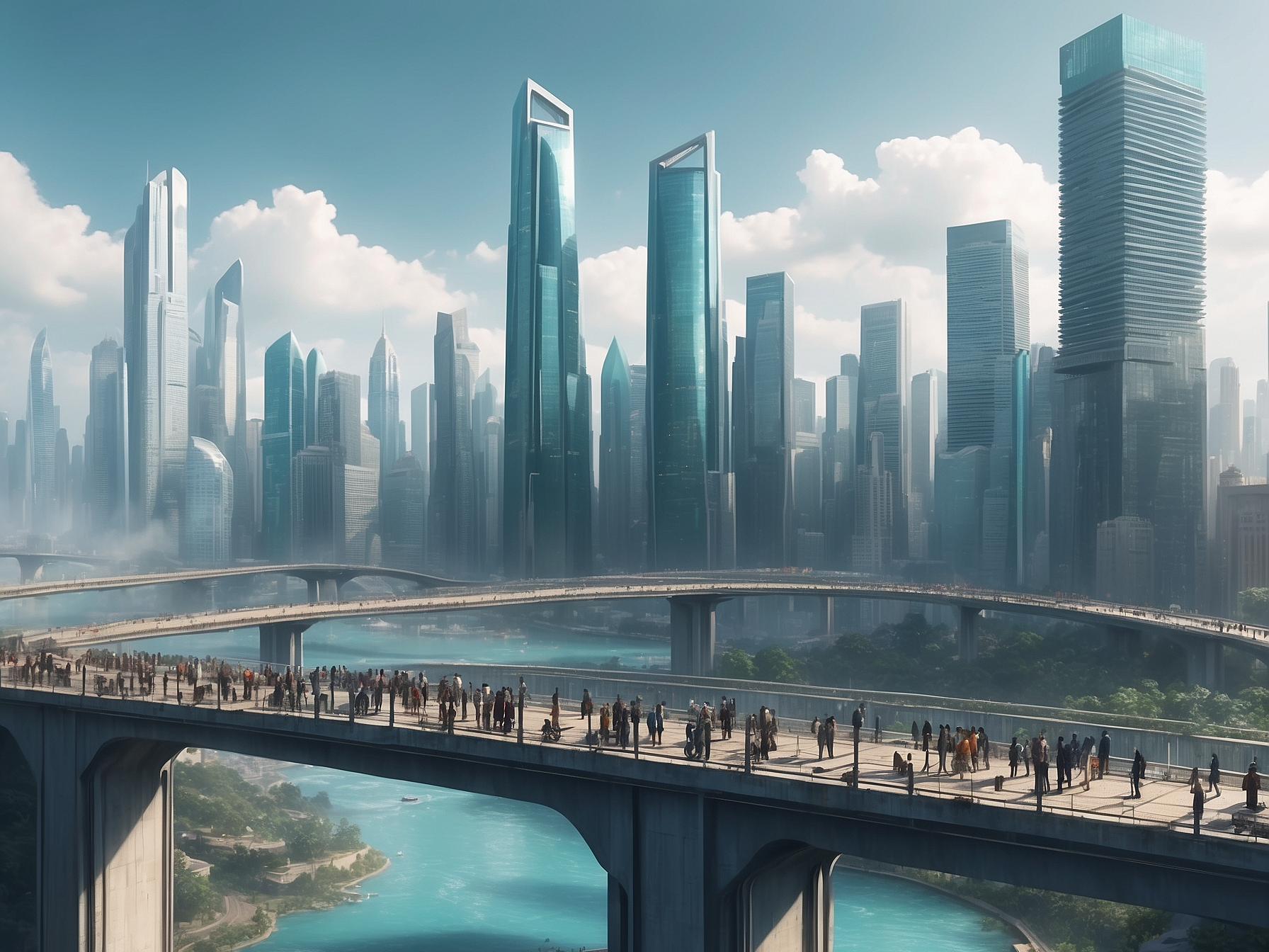 People walking on a bridge with a futuristic cityscape and a river in the background, symbolizing economic growth in emerging and developing countries