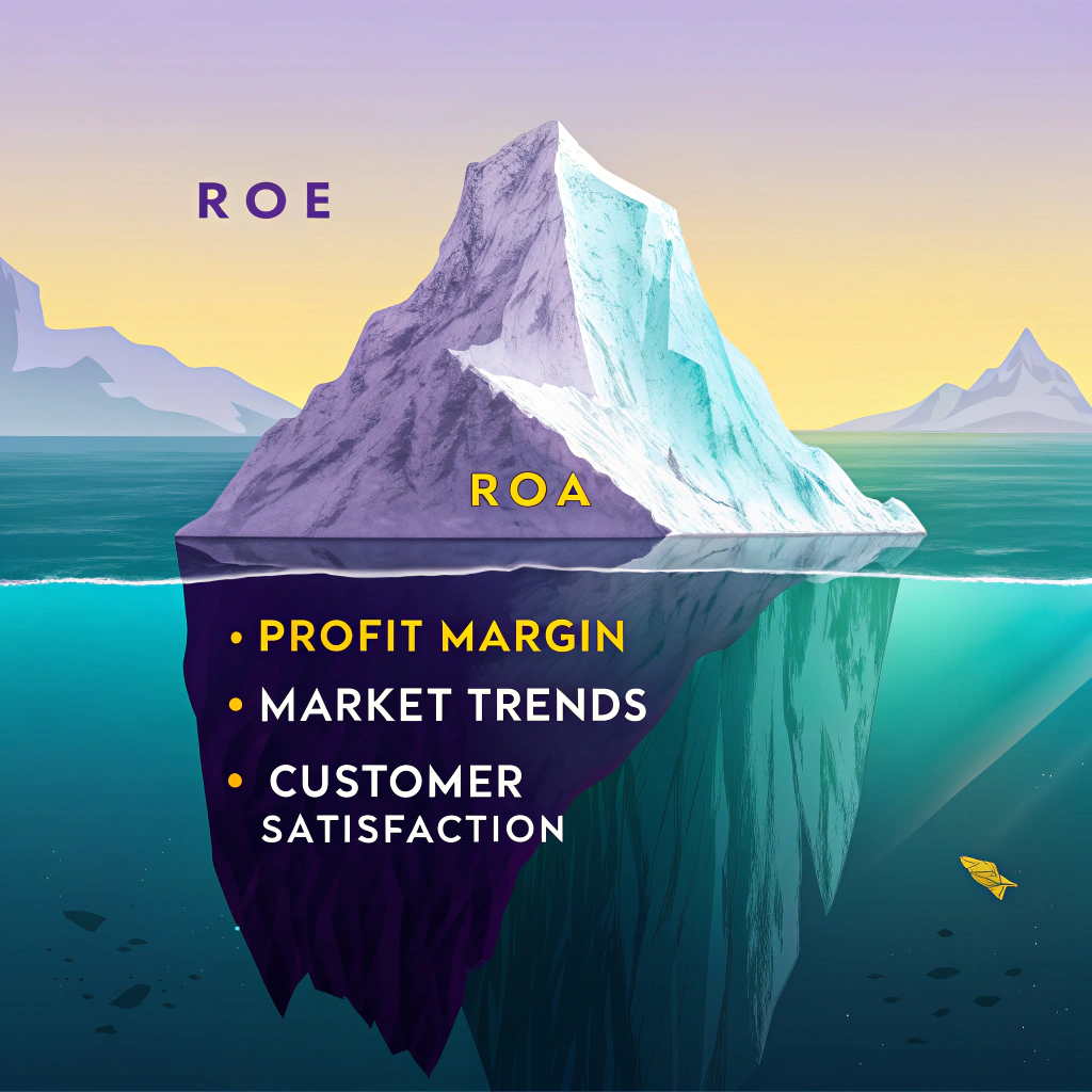 Illustrative iceberg diagram showing ROE and ROA with related business factors like profit margin, market trends, and customer satisfaction