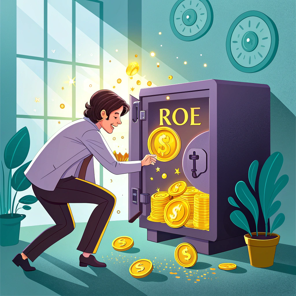 Illustration of a person extracting gold coins from a safe labeled ROE, symbolizing Return on Equity in business