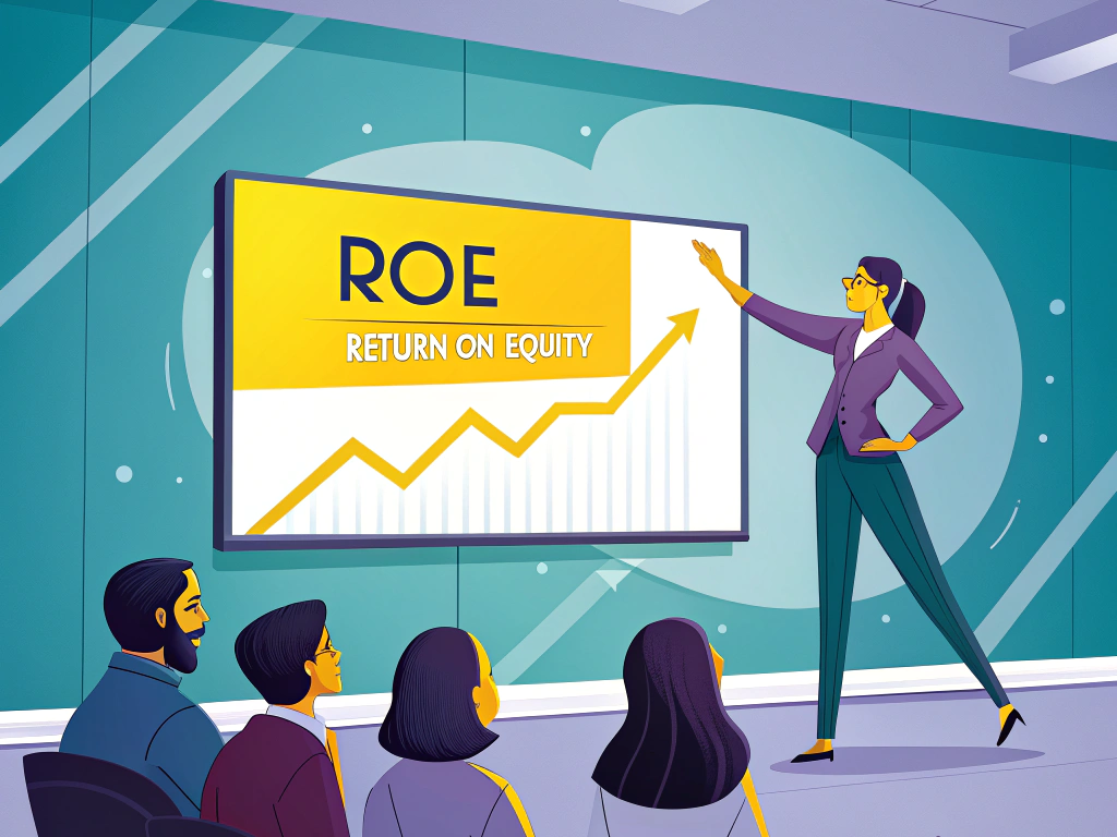 Illustration of a businesswoman presenting a 'Return on Equity' graph to an attentive audience during a meeting