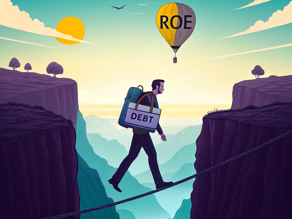 Illustration of a man balancing on a tightrope between cliffs, carrying a 'DEBT' backpack, with a 'ROE' hot air balloon in the background