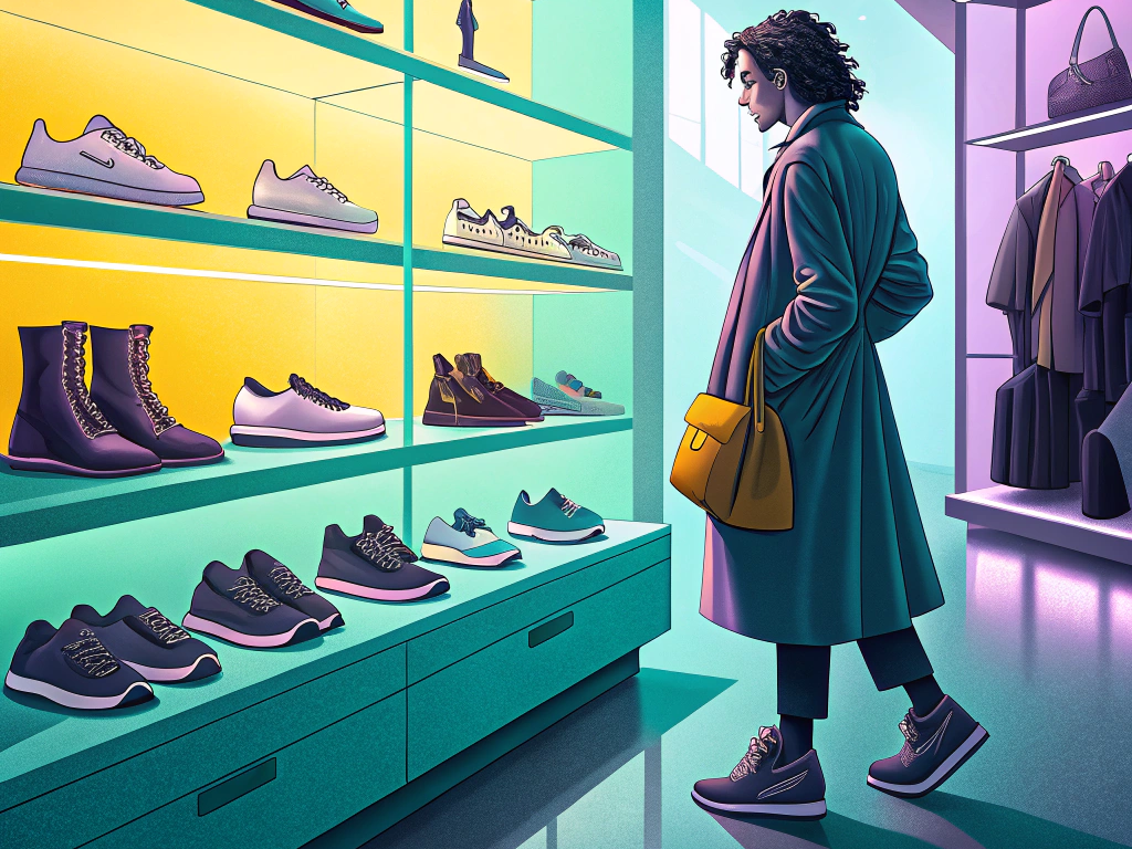 Illustration of a person selecting shoes in a brightly lit store with shelves full of various footwear