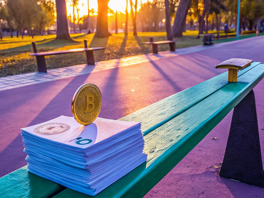 Bitcoin coin on a stack of money on a park bench during sunset