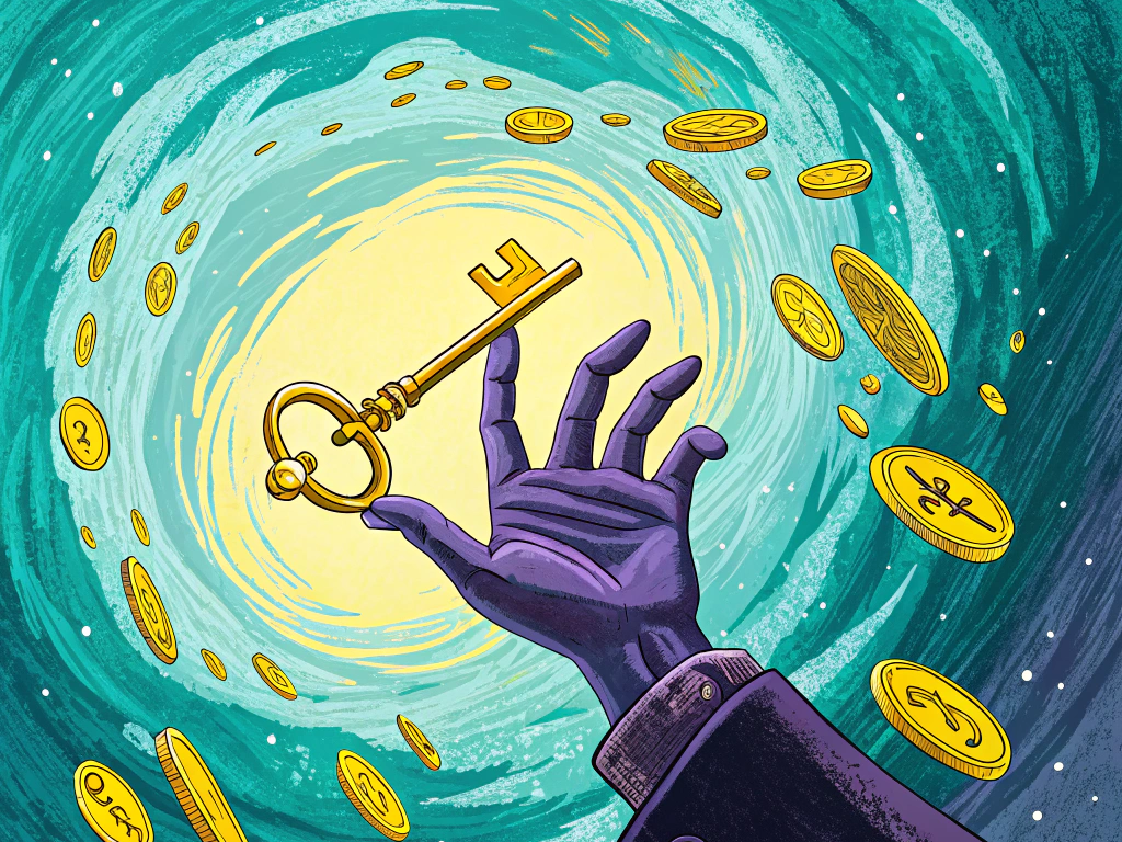 Illustration of a hand reaching towards a golden key amidst swirling coins, symbolizing financial strength and opportunity