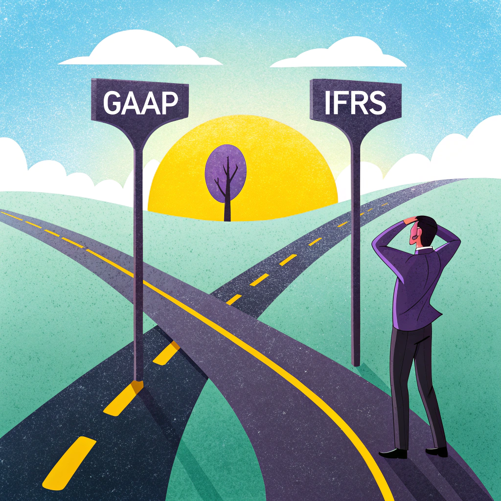 An illustrated crossroad with two road signs labeled 'GAAP' and 'IFRS', and a businessman looking puzzled at the divergent paths.