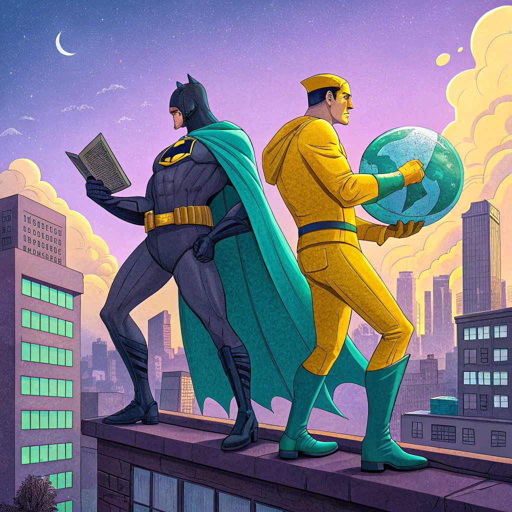 Illustration of Batman and another superhero holding a globe, symbolizing the GAAP vs IFRS standards in accounting