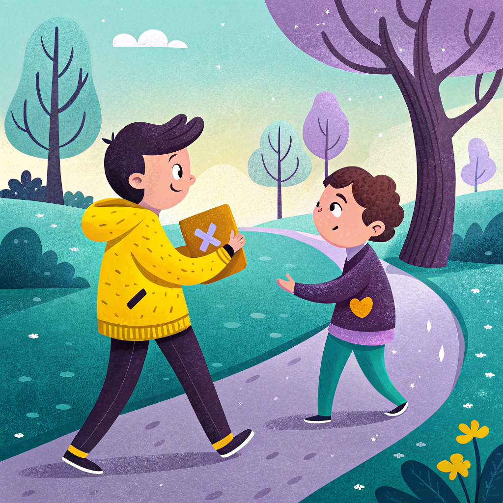 Two children walking in a park, one holding a book with a multiplication sign