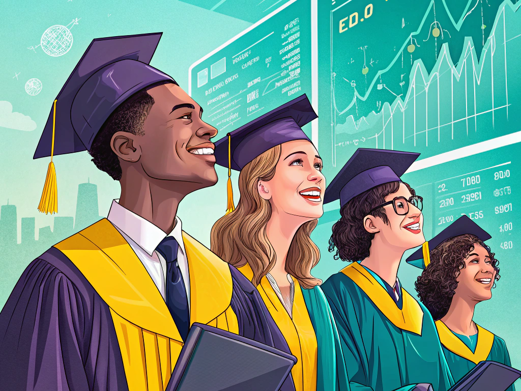 Illustration of four diverse graduates in cap and gown, looking towards financial data and charts