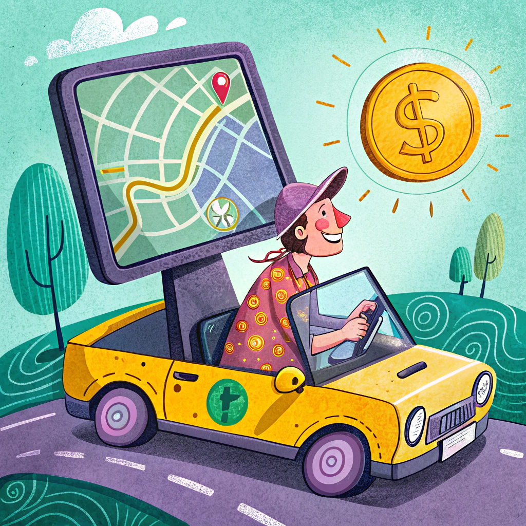 Illustration of a person driving a car shaped like an open calculator on a road with a GPS map and a dollar coin above