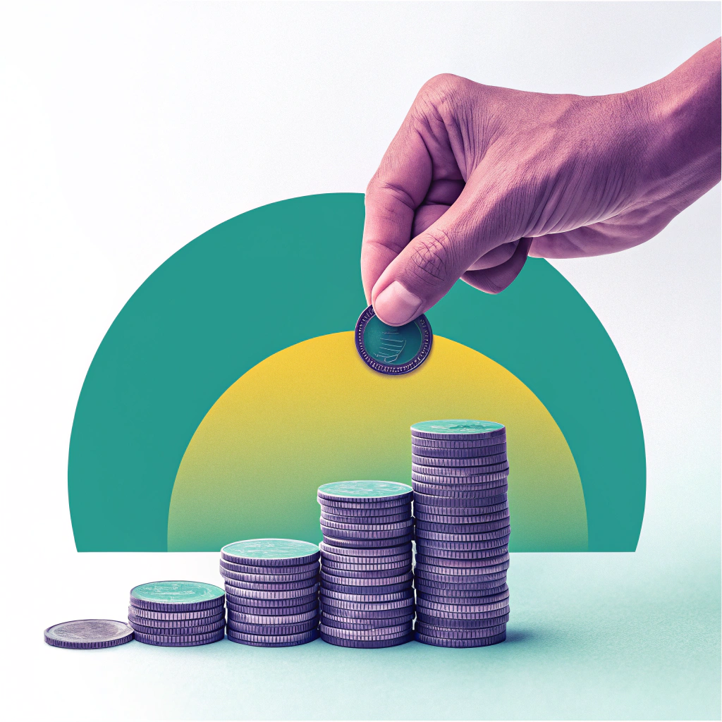 Hand stacking coins with a graphically represented yellow and green arch background symbolizing financial growth and budget management