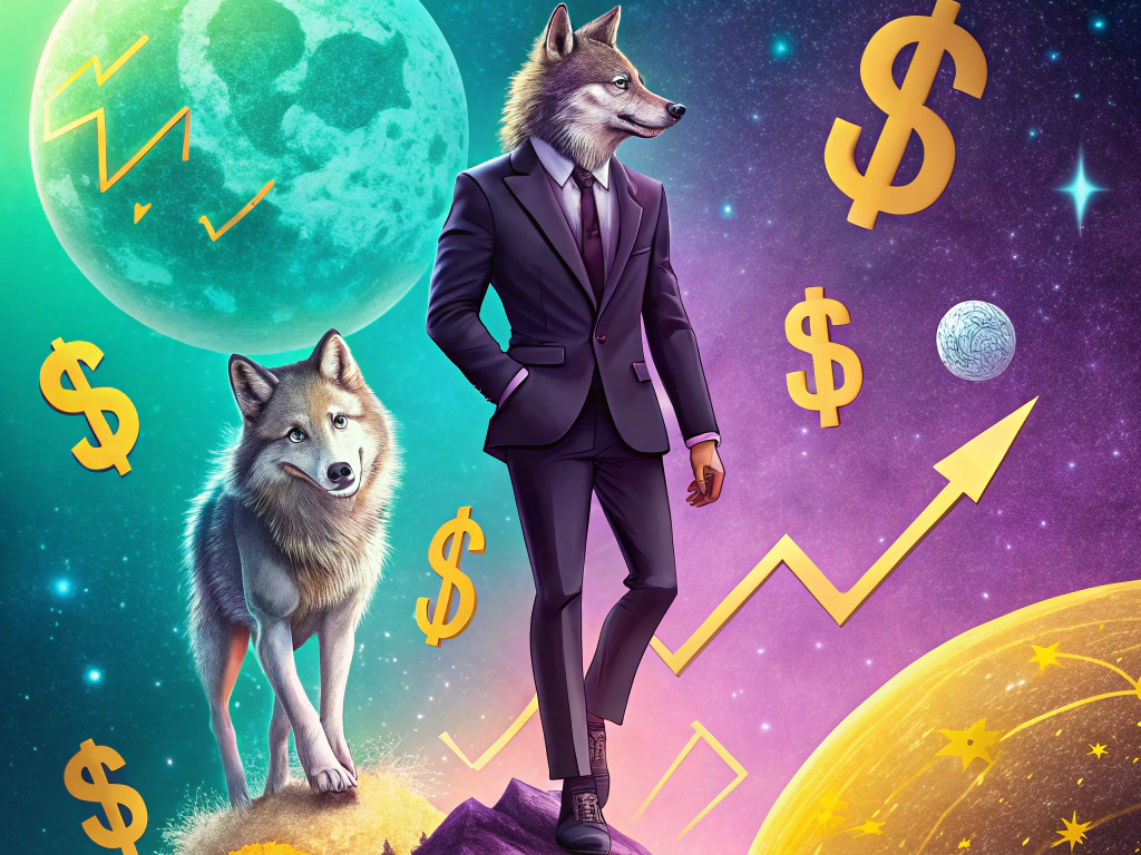 Conceptual art of two wolves in a cosmic setting with economic symbols, representing strategic financial management