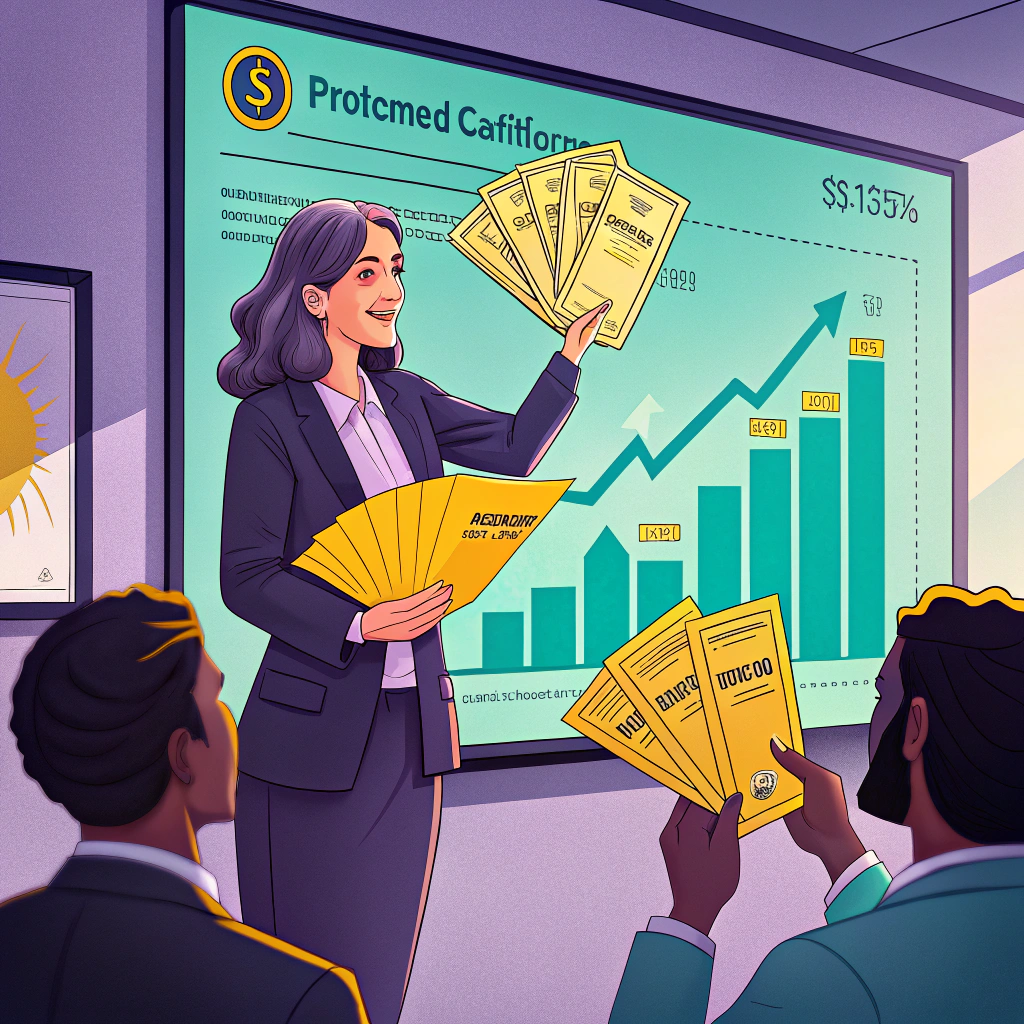 Illustration of a female presenter in a business suit distributing golden preferred stock certificates to investors in a corporate meeting room with rising financial graphs in the background