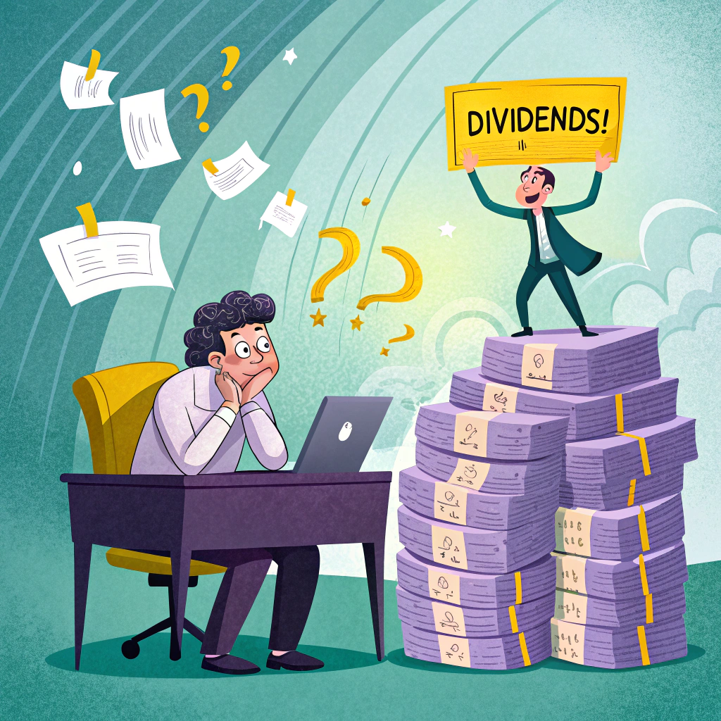 Illustration of a man at a desk overwhelmed by documents while another man stands on a pile of documents holding a sign that says DIVIDENDS