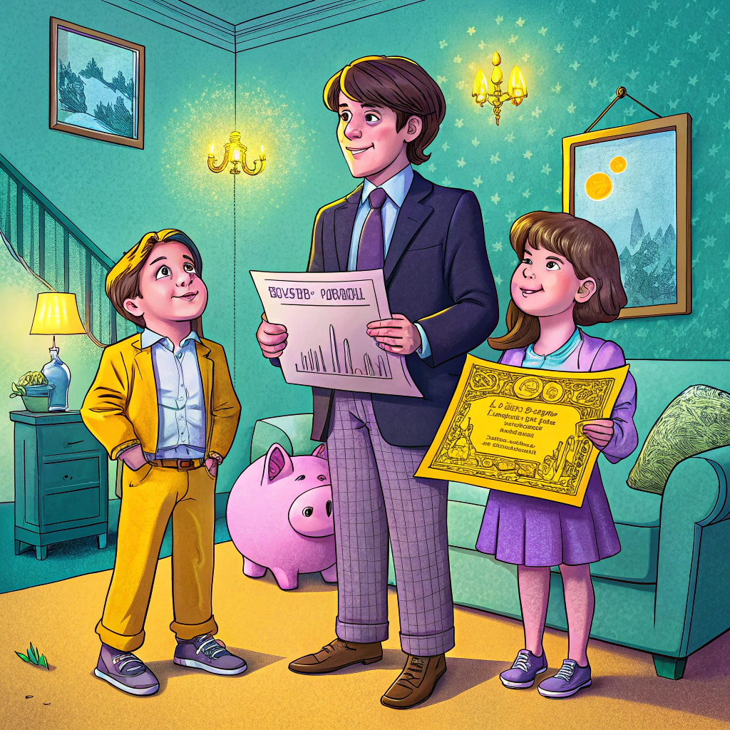 Illustration of a man showing a financial chart to a boy and a girl in a room, symbolizing investment education and future planning