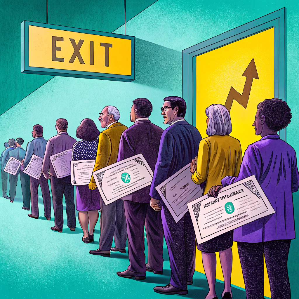 Illustration of diverse investors holding preferred stock certificates, lining up to enter a room with a rising stock graph and an 'EXIT' sign