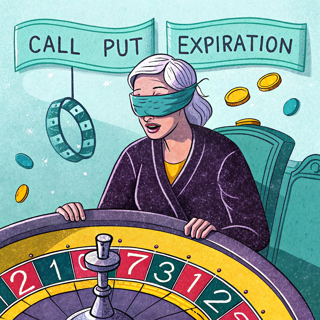 Illustration of a person at a roulette wheel with blindfold, banners reading Call, Put, Expiration, symbolizing options trading strategies