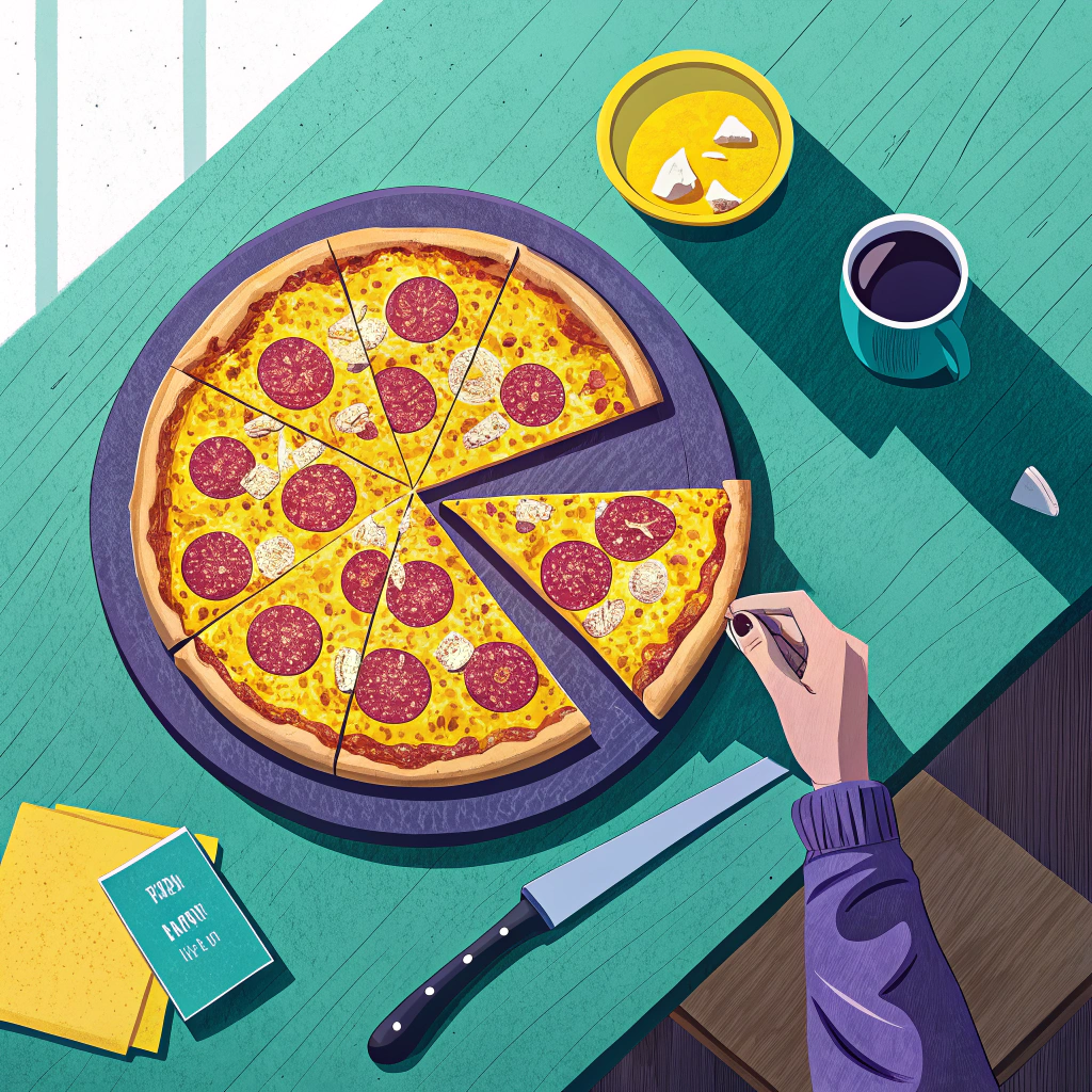 Illustration of a person slice a large pepperoni pizza on a wooden table, with a cup of coffee and a lemon drink.