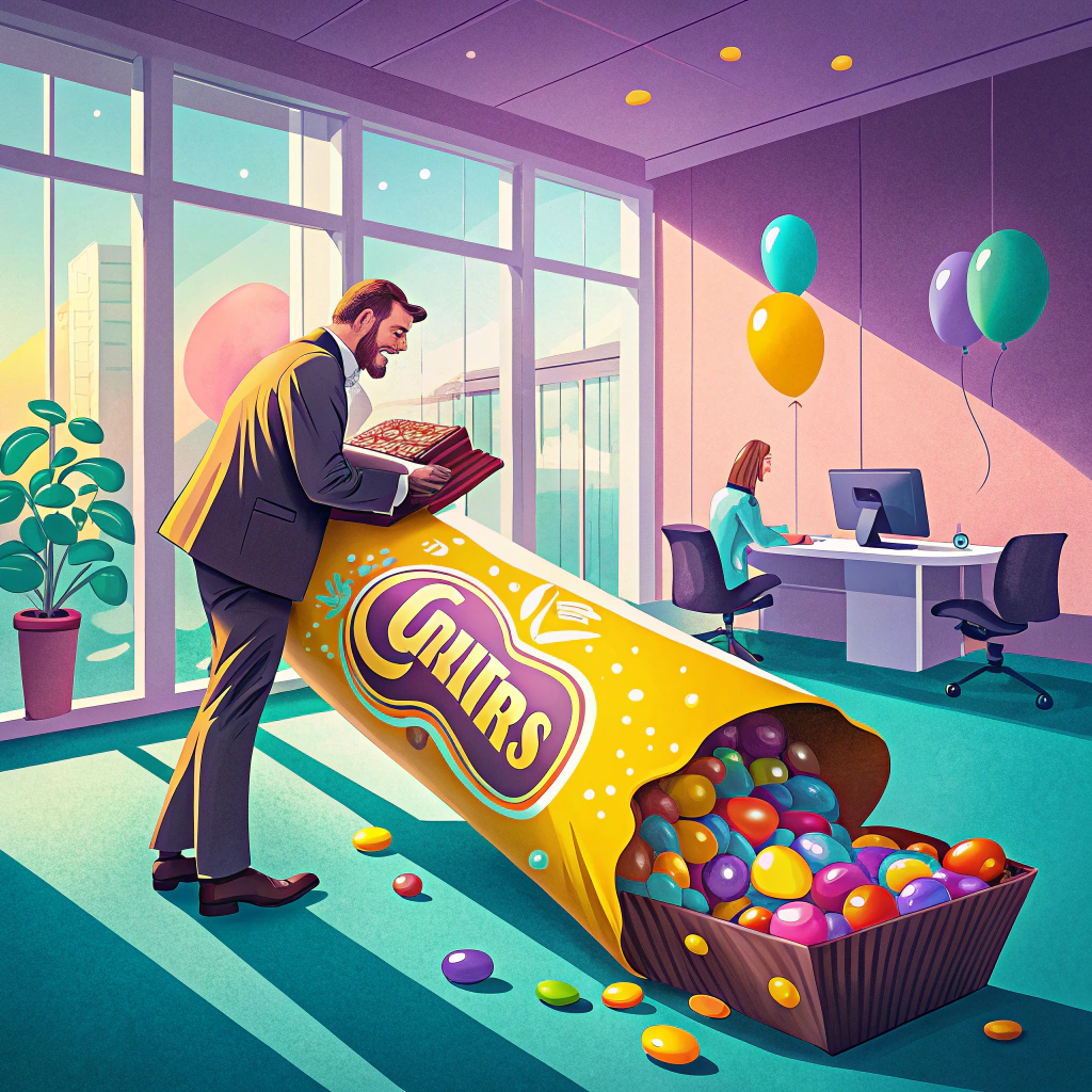 Man pouring colorful candies from a giant candy bag into a wooden box in an office environment