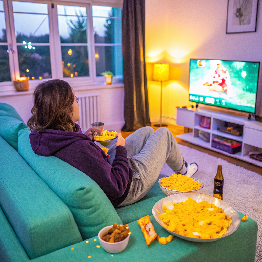 Person relaxing on a couch, watching television with snacks and drinks around